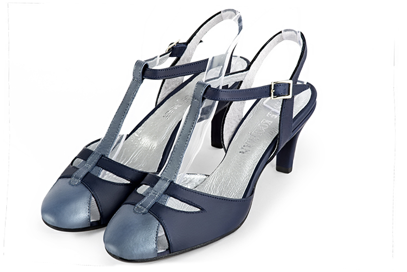 Denim blue women's open back T-strap shoes. Round toe. Medium slim heel. Front view - Florence KOOIJMAN
